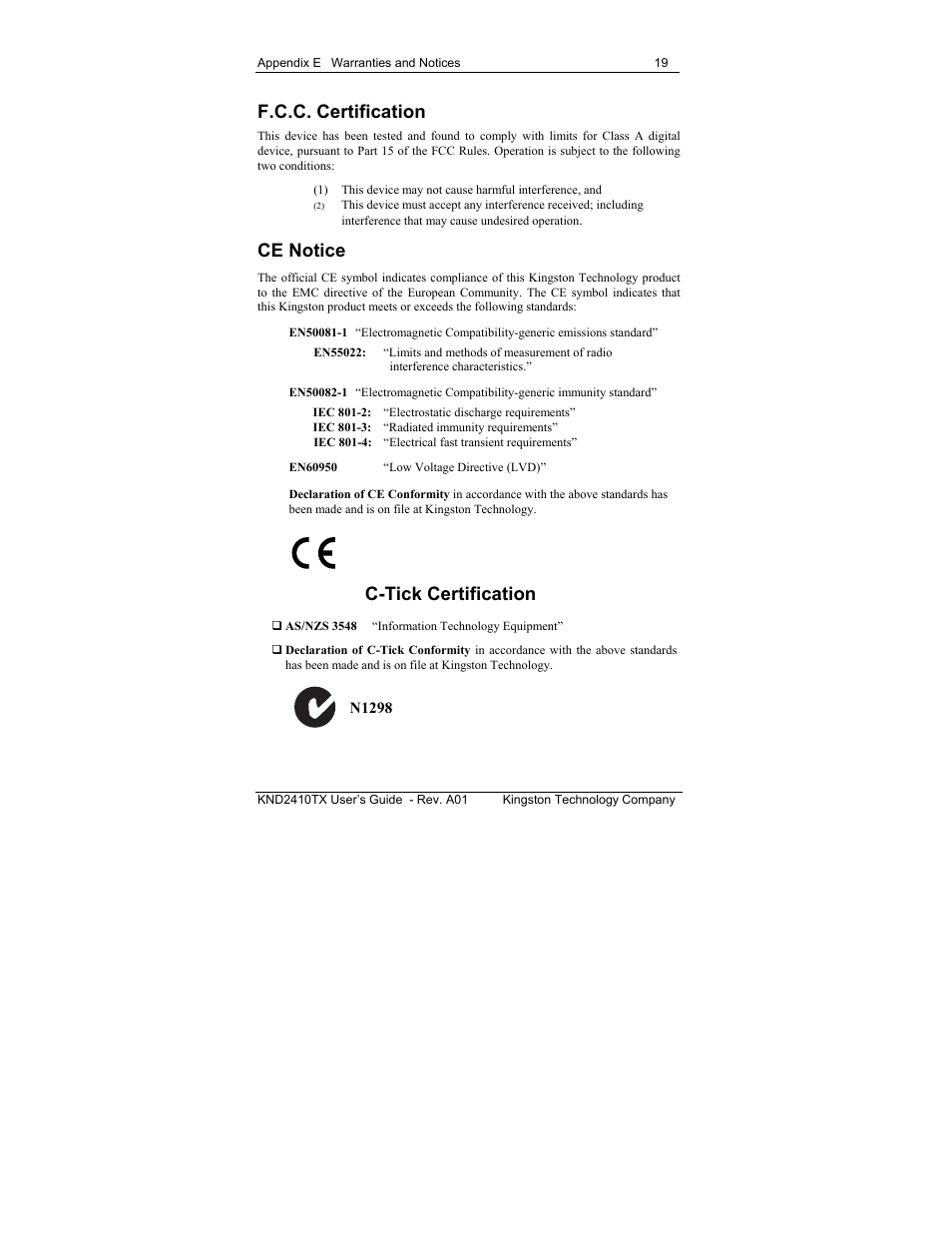 F.c.c. certification, Ce notice, C-tick certification | Kingston Technology KND2410TX User Manual | Page 25 / 25