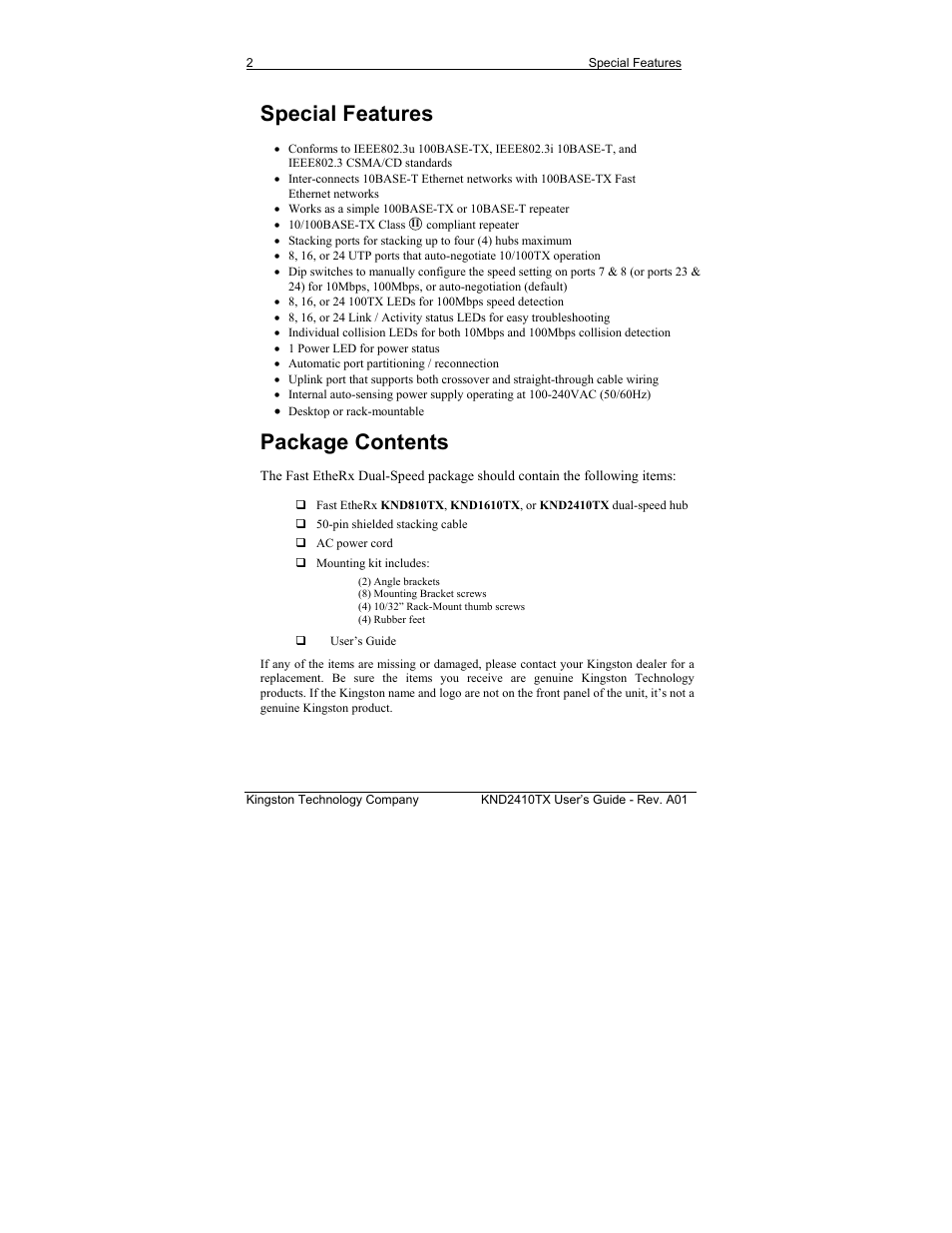Special features, Package contents | Kingston Technology KND2410TX User Manual | Page 8 / 25