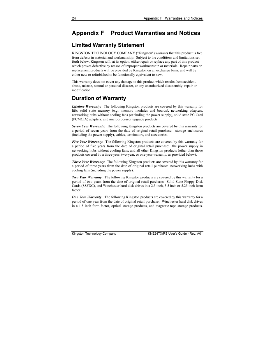 Appendix f product warranties and notices, Limited warranty statement, Duration of warranty | Kingston Technology KNE8TX/RS User Manual | Page 30 / 32