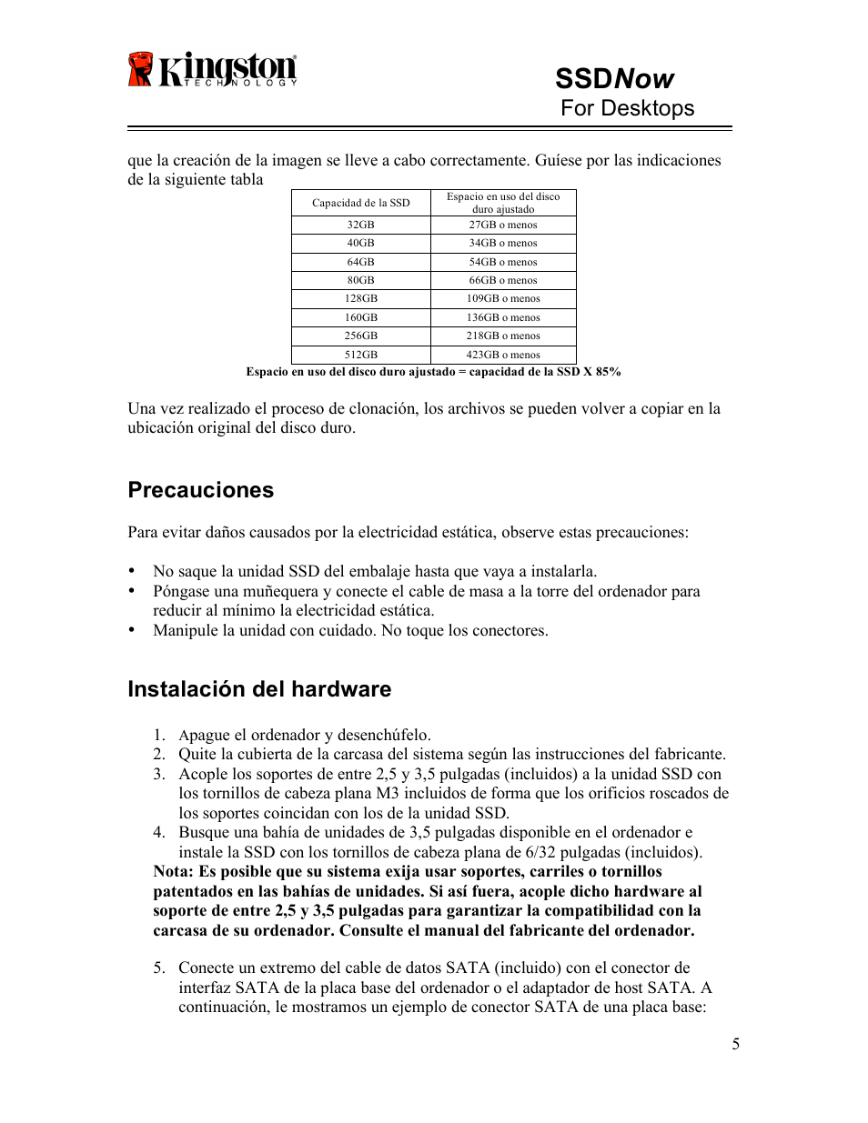 Ssd now, For desktops, Precauciones | Instalación del hardware | Kingston Technology V-series User Manual | Page 18 / 185