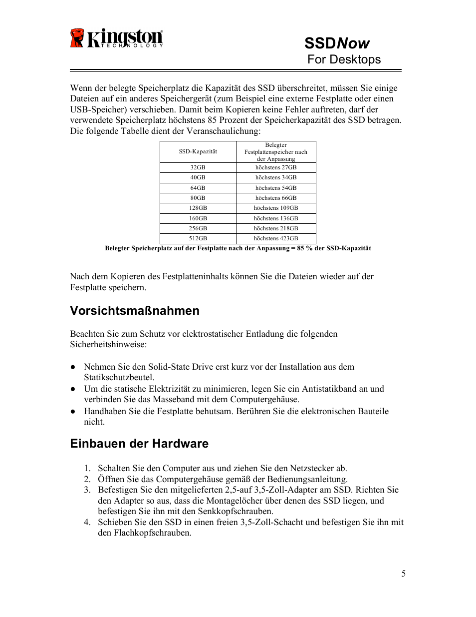Ssd now, For desktops, Vorsichtsmaßnahmen | Einbauen der hardware | Kingston Technology V-series User Manual | Page 29 / 185
