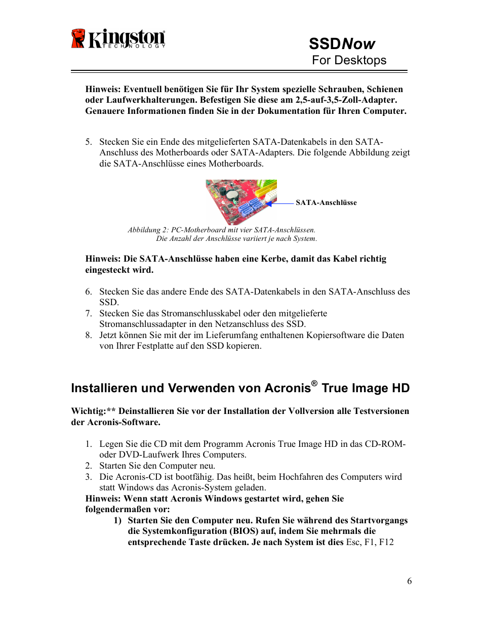 Ssd now, For desktops, Installieren und verwenden von acronis | True image hd | Kingston Technology V-series User Manual | Page 30 / 185