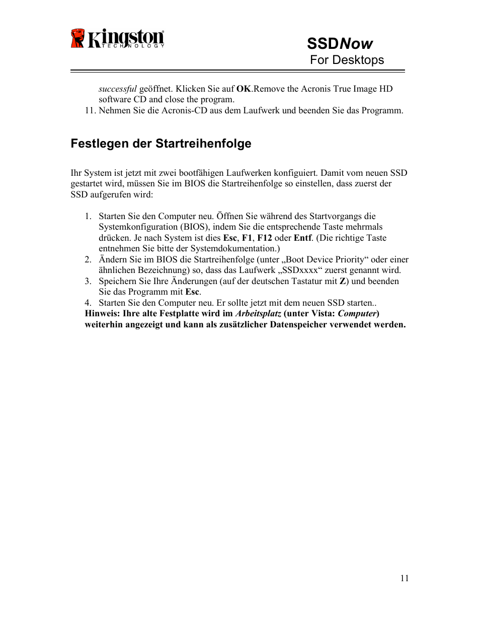 Ssd now, For desktops, Festlegen der startreihenfolge | Kingston Technology V-series User Manual | Page 35 / 185