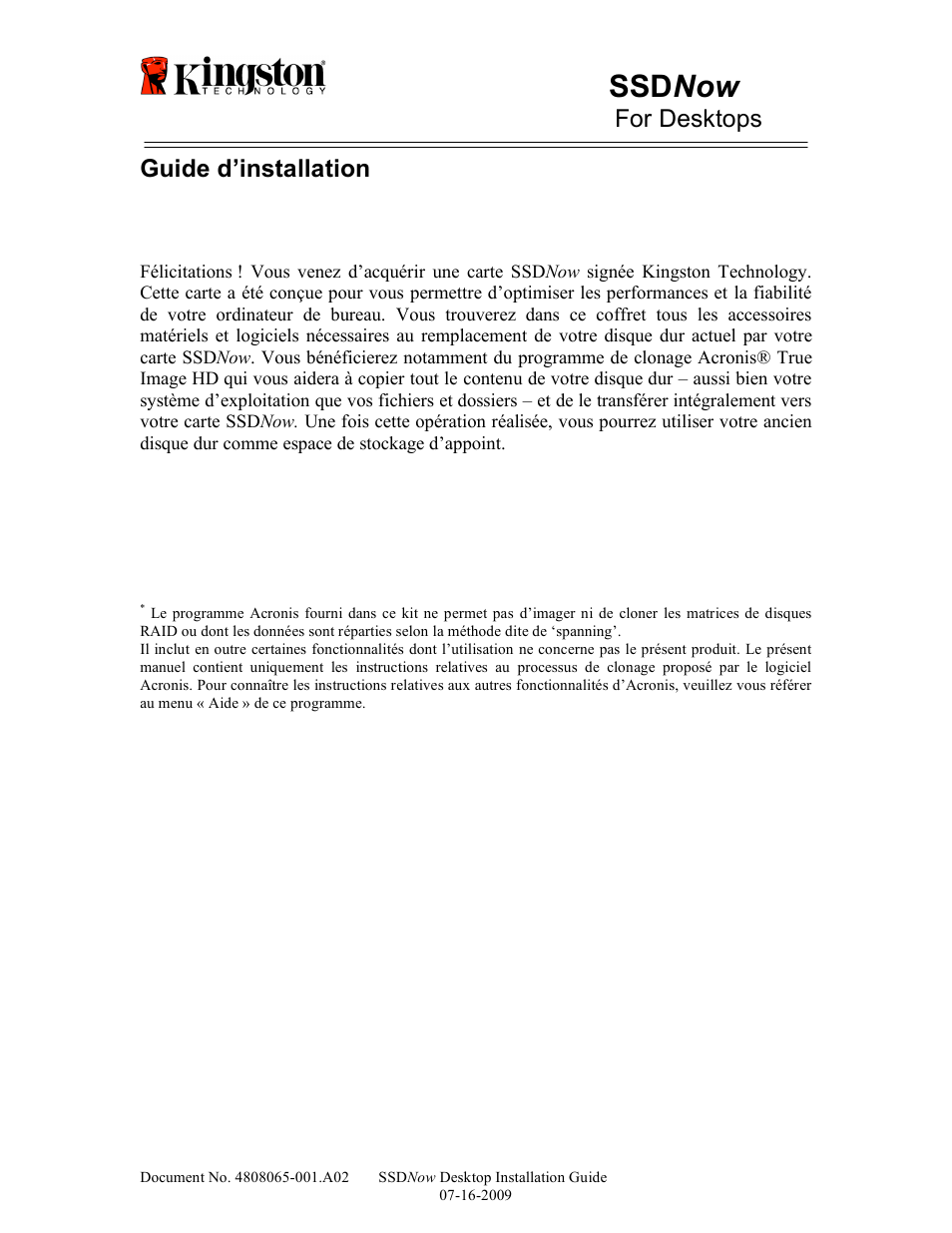 Ssd now, For desktops, Guide d’installation | Kingston Technology V-series User Manual | Page 36 / 185