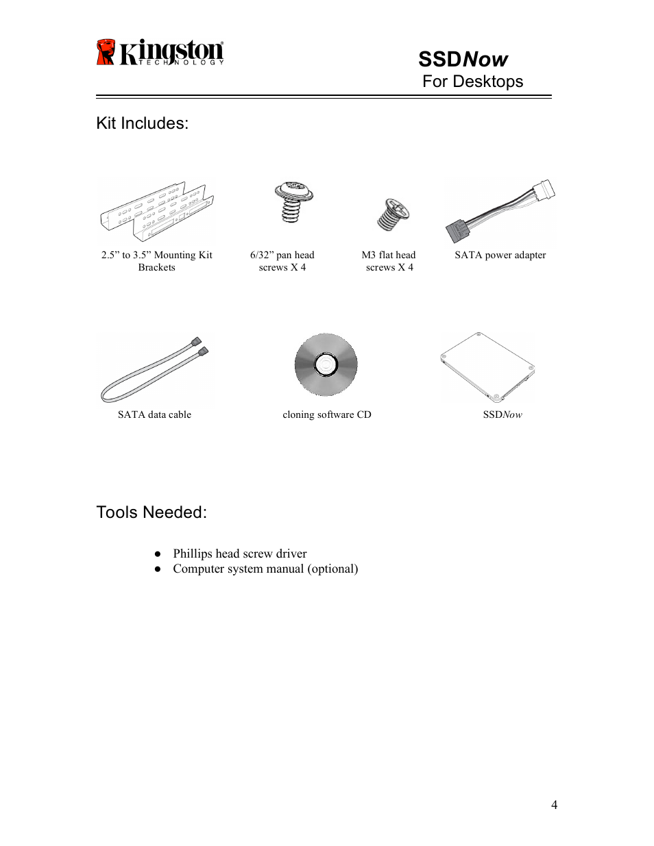 Ssd now, For desktops, Kit includes | Tools needed | Kingston Technology V-series User Manual | Page 5 / 185