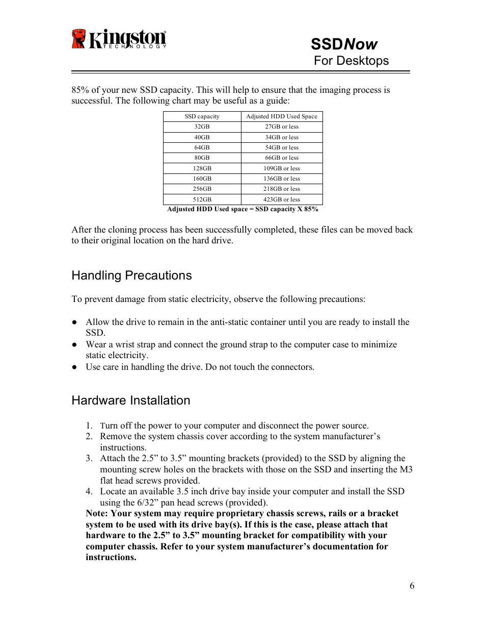 Ssd now, For desktops, Handling precautions | Hardware installation | Kingston Technology V-series User Manual | Page 7 / 185