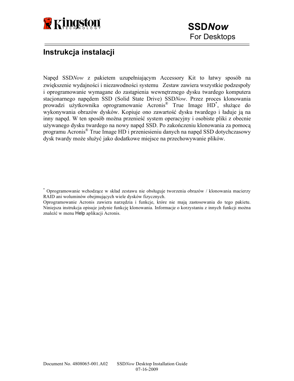 Ssd now, For desktops, Instrukcja instalacji | Kingston Technology V-series User Manual | Page 80 / 185