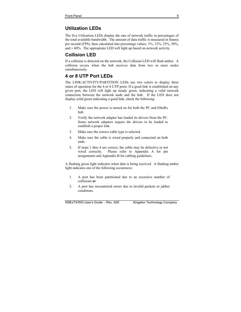 Utilization leds, Collision led, 4 or 8 utp port leds | Kingston Technology EtheRx KNE8TX/WG User Manual | Page 11 / 27