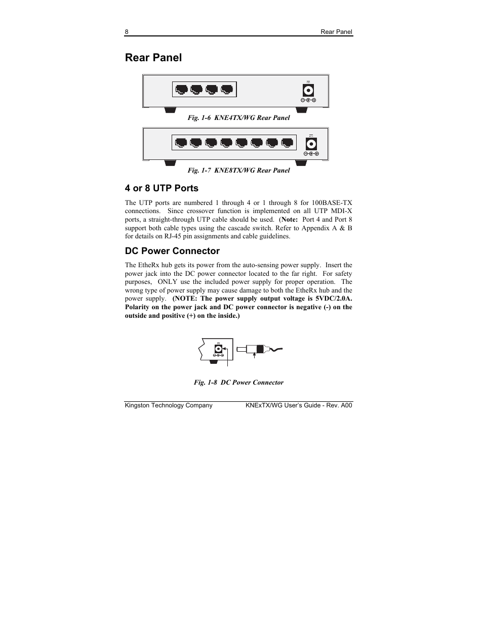 Rear panel, 4 or 8 utp ports, Dc power connector | Kingston Technology EtheRx KNE8TX/WG User Manual | Page 14 / 27