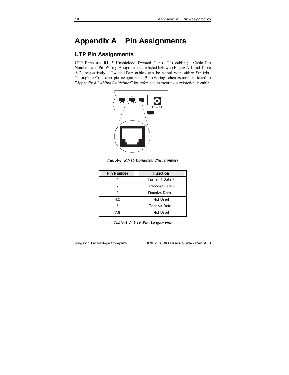 Appendix a pin assignments, Utp pin assignments | Kingston Technology EtheRx KNE8TX/WG User Manual | Page 16 / 27