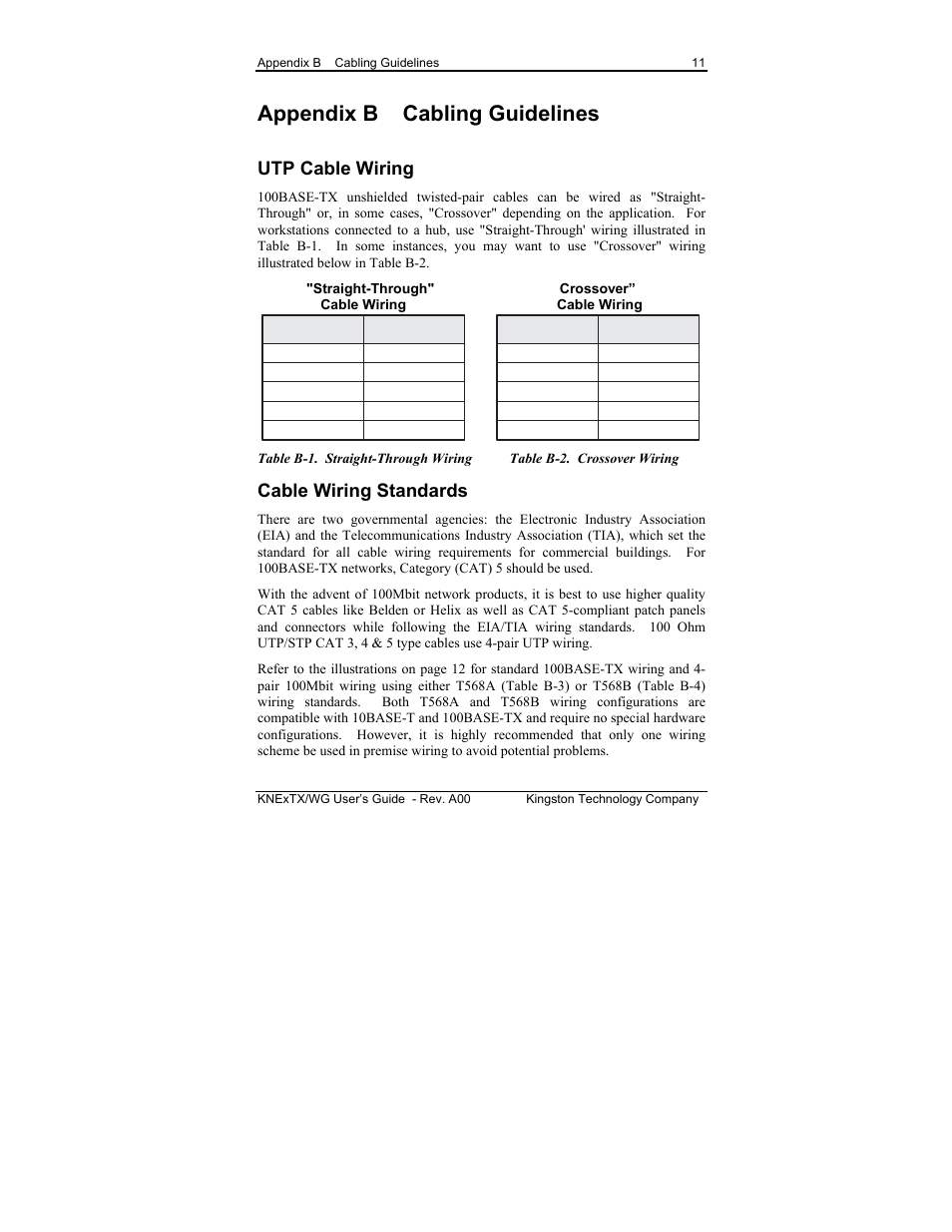 Appendix b cabling guidelines, Utp cable wiring, Cable wiring standards | Kingston Technology EtheRx KNE8TX/WG User Manual | Page 17 / 27