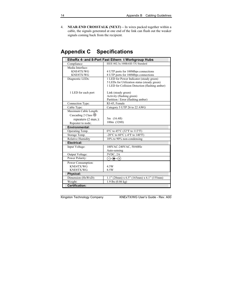 Appendix c specifications | Kingston Technology EtheRx KNE8TX/WG User Manual | Page 20 / 27