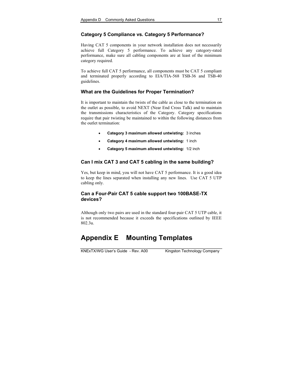 Appendix e mounting templates | Kingston Technology EtheRx KNE8TX/WG User Manual | Page 23 / 27