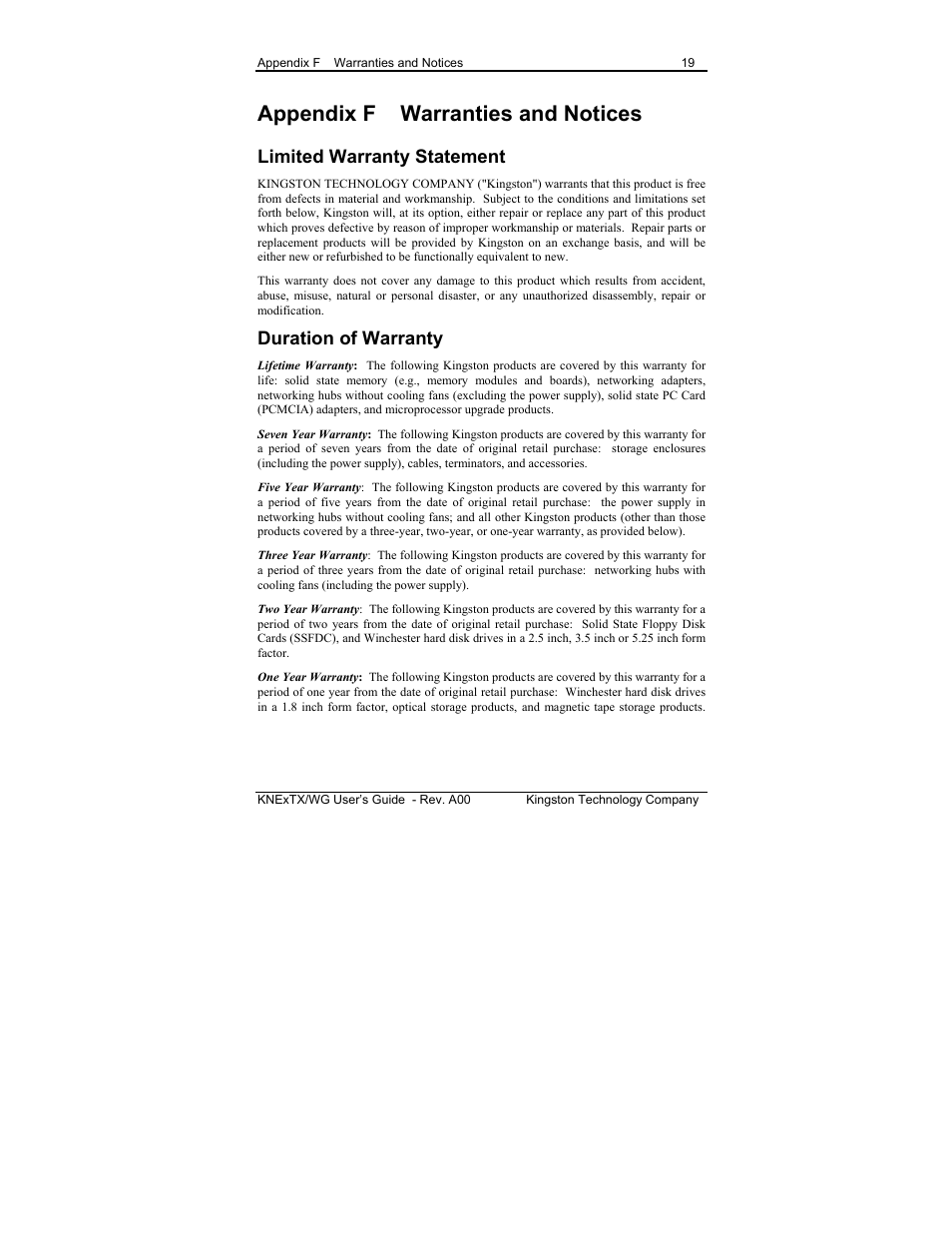 Appendix f warranties and notices, Limited warranty statement, Duration of warranty | Kingston Technology EtheRx KNE8TX/WG User Manual | Page 25 / 27