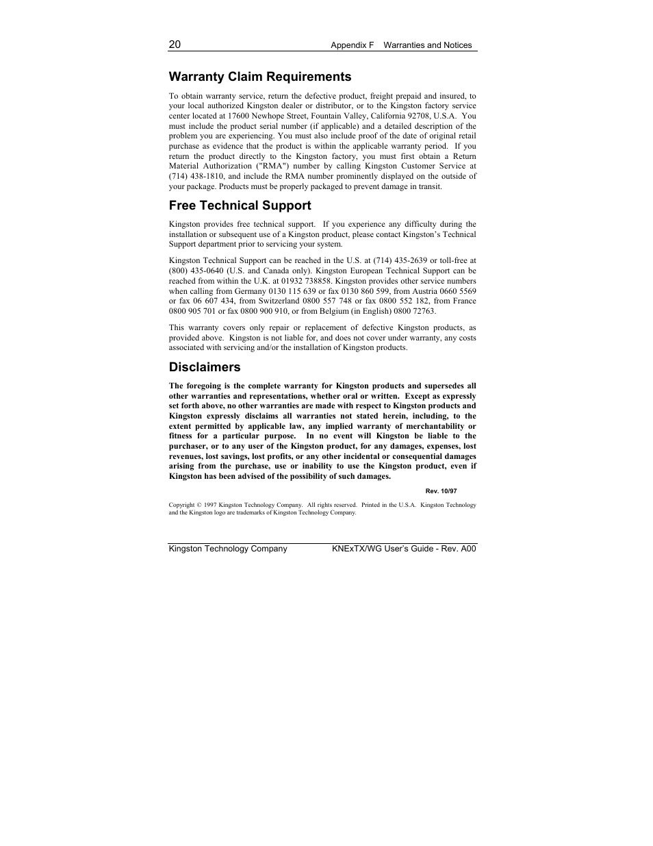 Warranty claim requirements, Free technical support, Disclaimers | Kingston Technology EtheRx KNE8TX/WG User Manual | Page 26 / 27