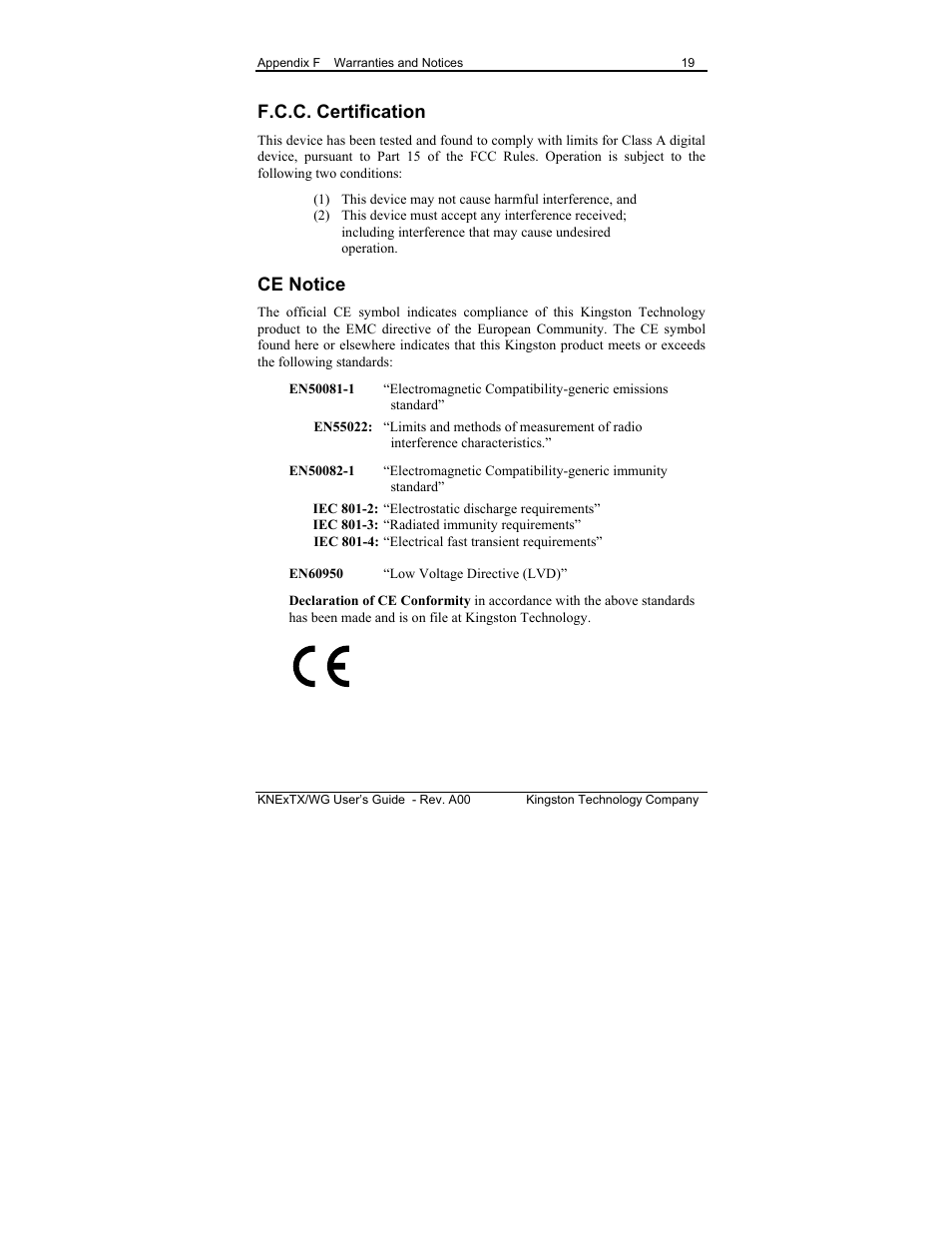 F.c.c. certification, Ce notice | Kingston Technology EtheRx KNE8TX/WG User Manual | Page 27 / 27