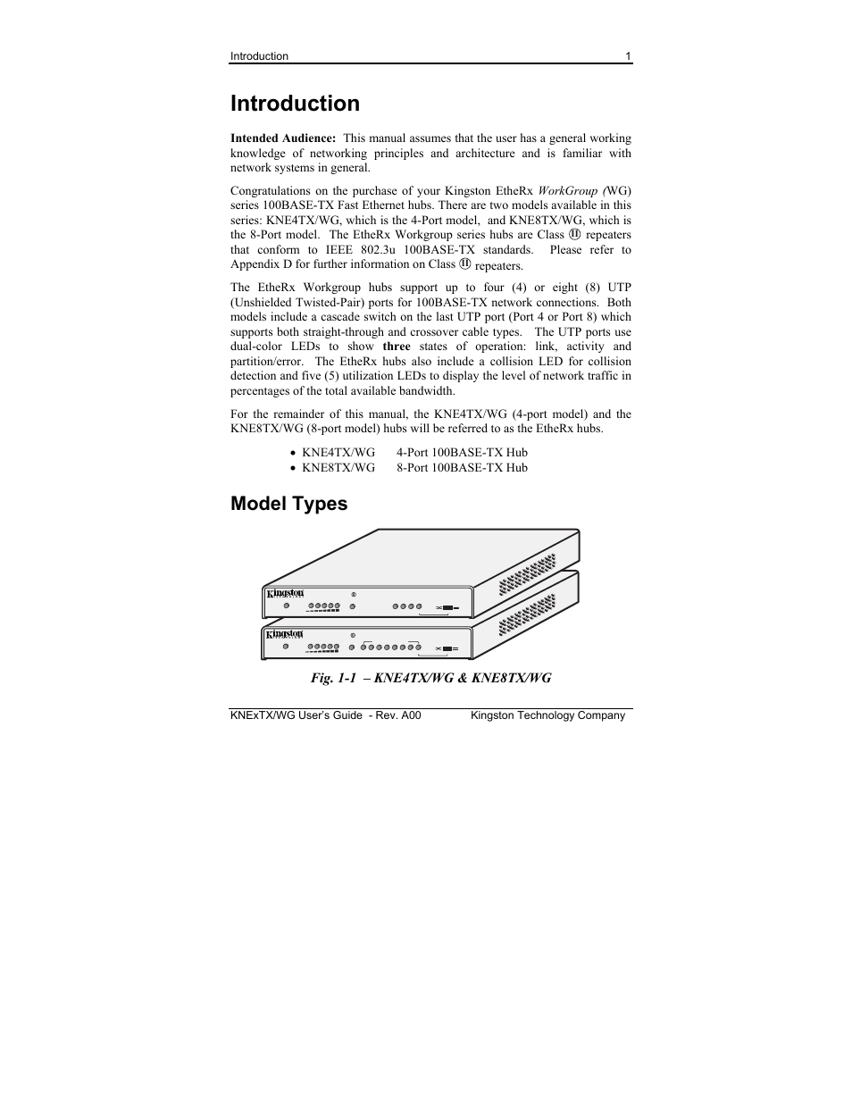 Introduction, Model types, Fig. 1-1 – kne4tx/wg & kne8tx/wg | Kingston Technology EtheRx KNE8TX/WG User Manual | Page 7 / 27