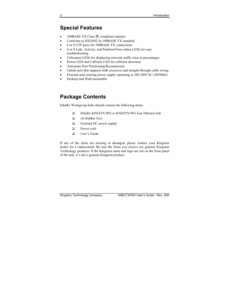 Special features, Package contents | Kingston Technology EtheRx KNE8TX/WG User Manual | Page 8 / 27