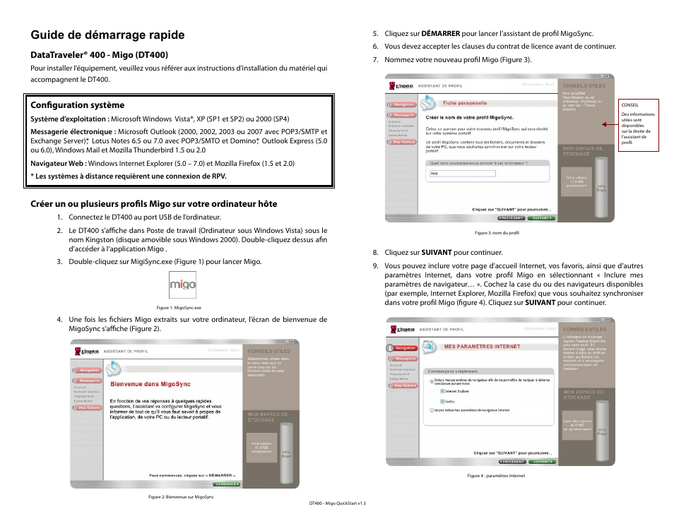 Pour des instructions en français, Guide de démarrage rapide, Configuration système | Kingston Technology DataTraveler DT400 User Manual | Page 11 / 53
