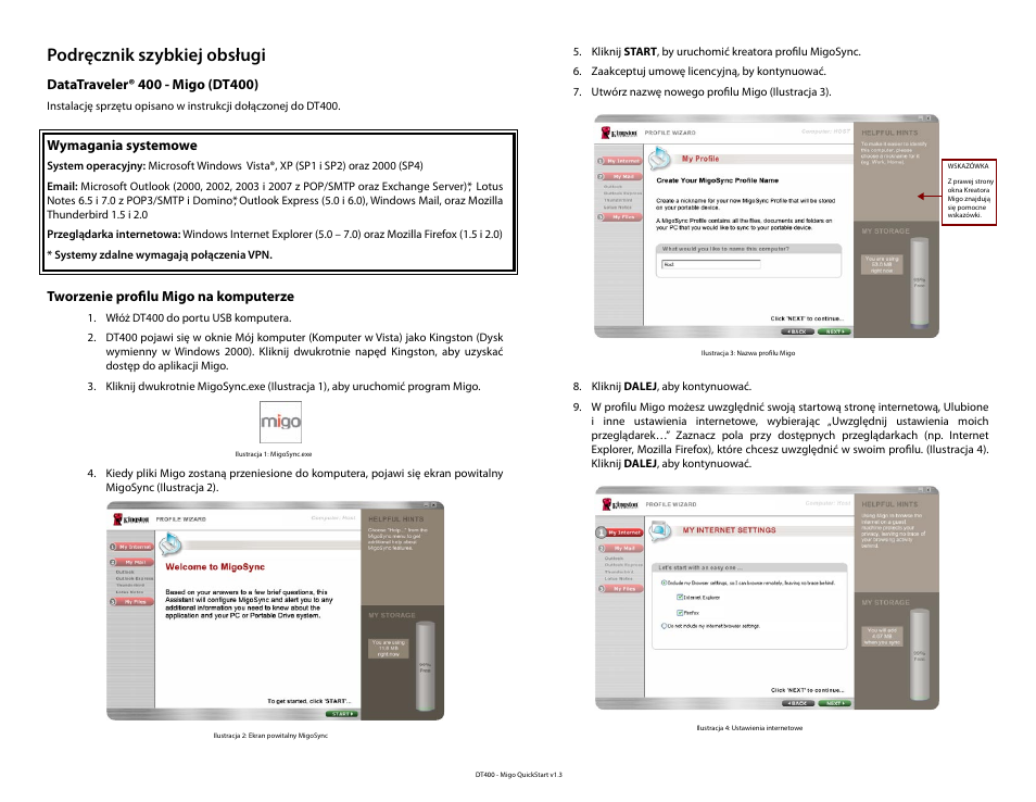Instrukcje w języku polskim, Podręcznik szybkiej obsługi, Wymagania systemowe | Tworzenie profilu migo na komputerze | Kingston Technology DataTraveler DT400 User Manual | Page 23 / 53