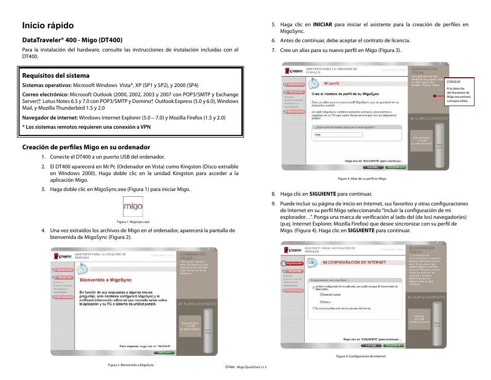 Para instrucciones en español, Inicio rápido, Requisitos del sistema | Creación de perfiles migo en su ordenador | Kingston Technology DataTraveler DT400 User Manual | Page 5 / 53