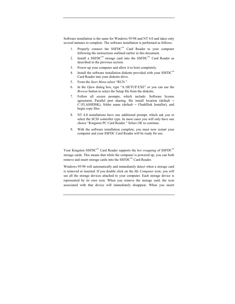 Software installation, Hot swapping | Kingston Technology PCREAD/SSFDC User Manual | Page 15 / 25