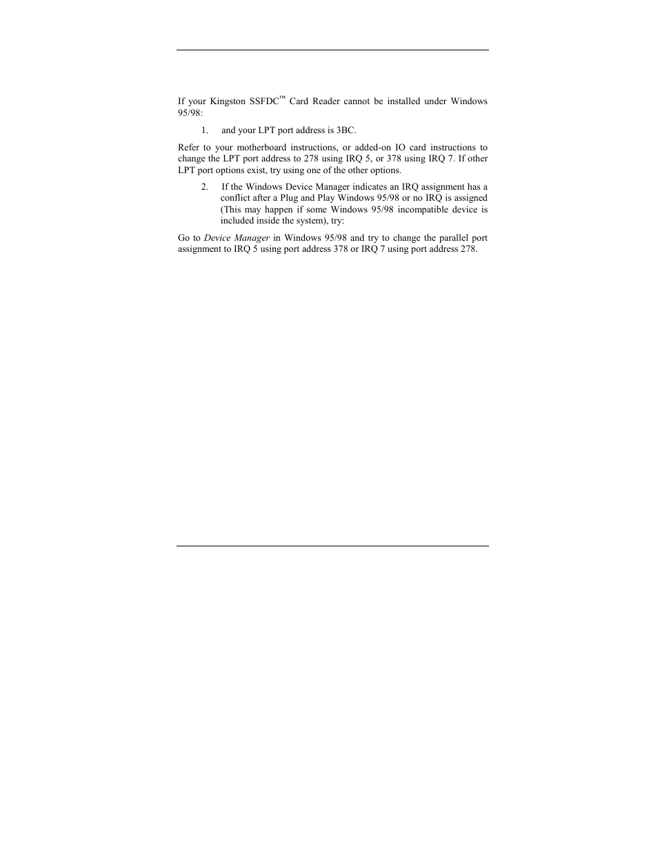 Parallel port conflict window 95/98 | Kingston Technology PCREAD/SSFDC User Manual | Page 19 / 25