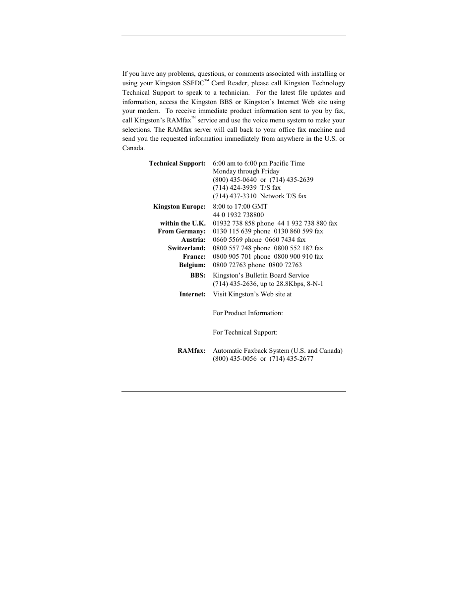 How to reach kingston | Kingston Technology PCREAD/SSFDC User Manual | Page 20 / 25