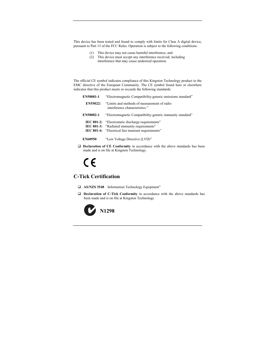 F.c.c. certification, Ce notice, C-tick certification | N1298 | Kingston Technology PCREAD/SSFDC User Manual | Page 23 / 25