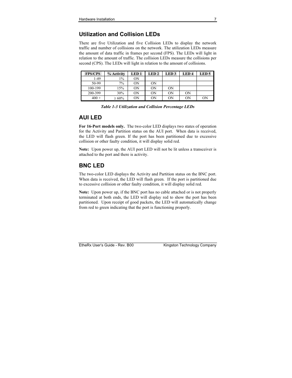 Utilization and collision leds, Aui led, Bnc led | Kingston Technology KNE16WG User Manual | Page 13 / 32