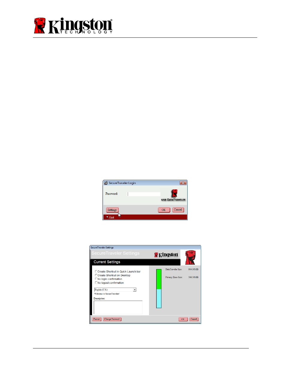 3 customizing securetraveler, Settings | Kingston Technology SecureTraveler User Manual | Page 14 / 20