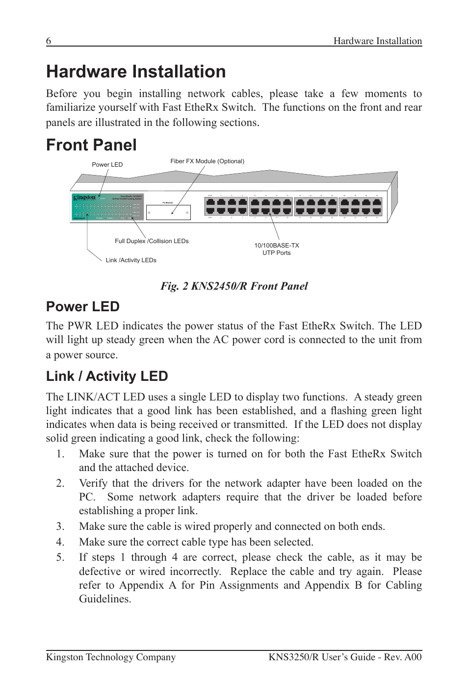 Hardware installation, Front panel, Power led | Link / activity led | Kingston Technology Kingston Fast EtheRx KNS3250/R User Manual | Page 11 / 52