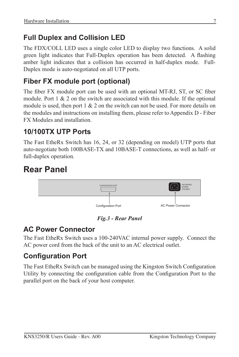 Rear panel, Full duplex and collision led, Fiber fx module port (optional) | Ac power connector, Conguration port | Kingston Technology Kingston Fast EtheRx KNS3250/R User Manual | Page 12 / 52