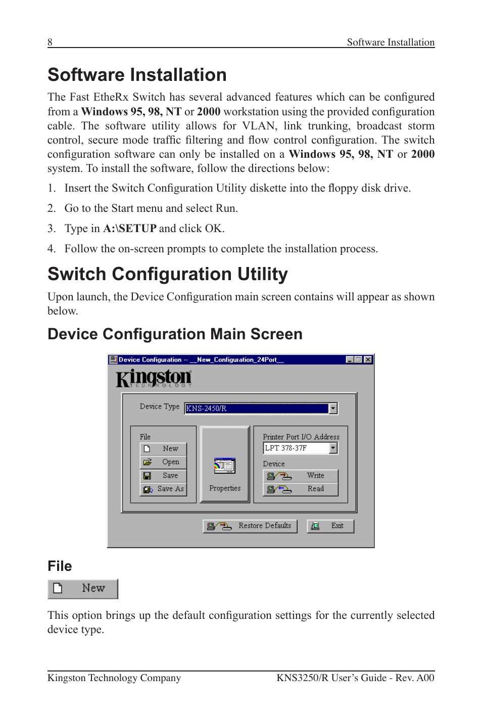 Software installation, Switch conguration utility, Device conguration main screen | File | Kingston Technology Kingston Fast EtheRx KNS3250/R User Manual | Page 13 / 52