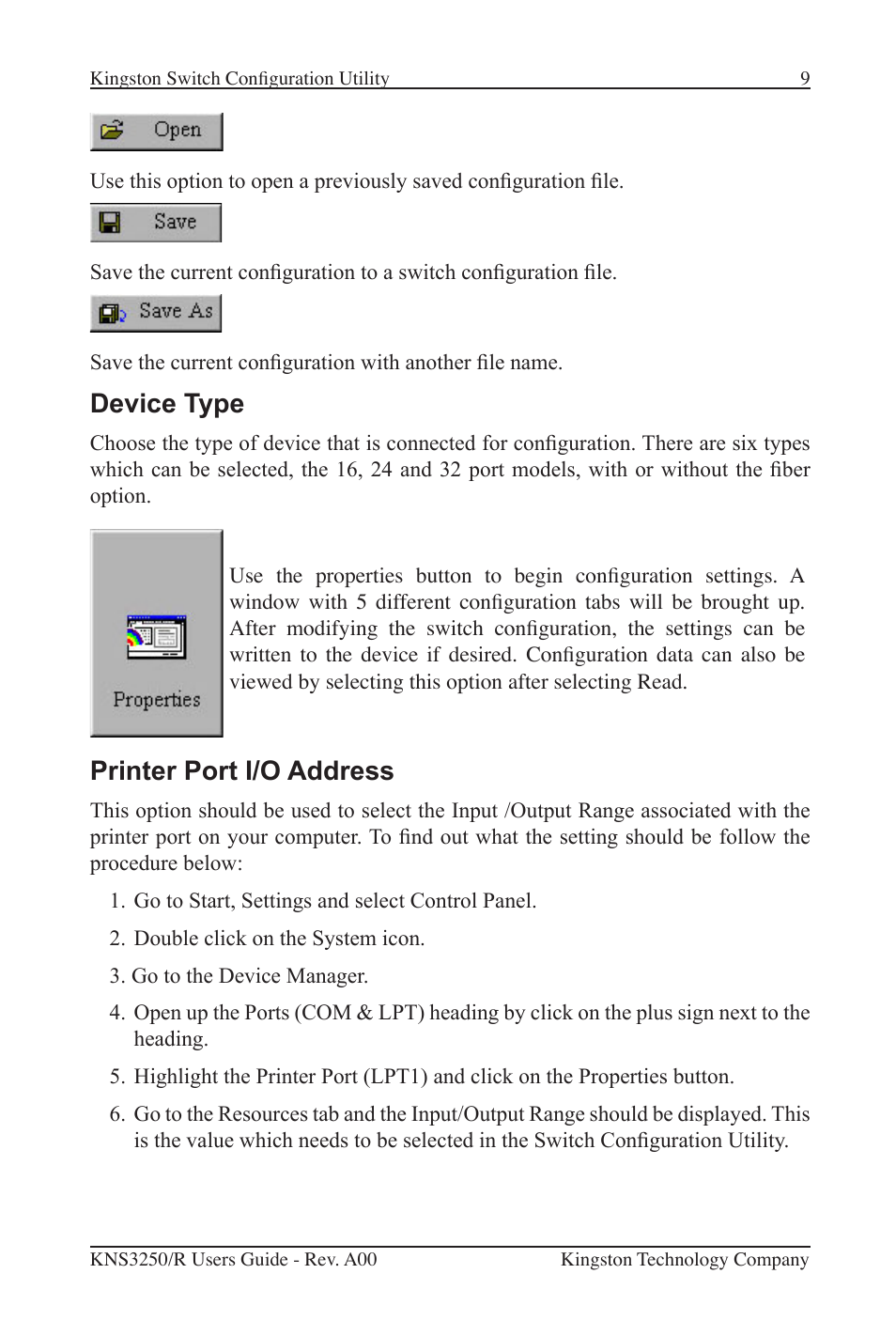 Device type, Printer port i/o address | Kingston Technology Kingston Fast EtheRx KNS3250/R User Manual | Page 14 / 52