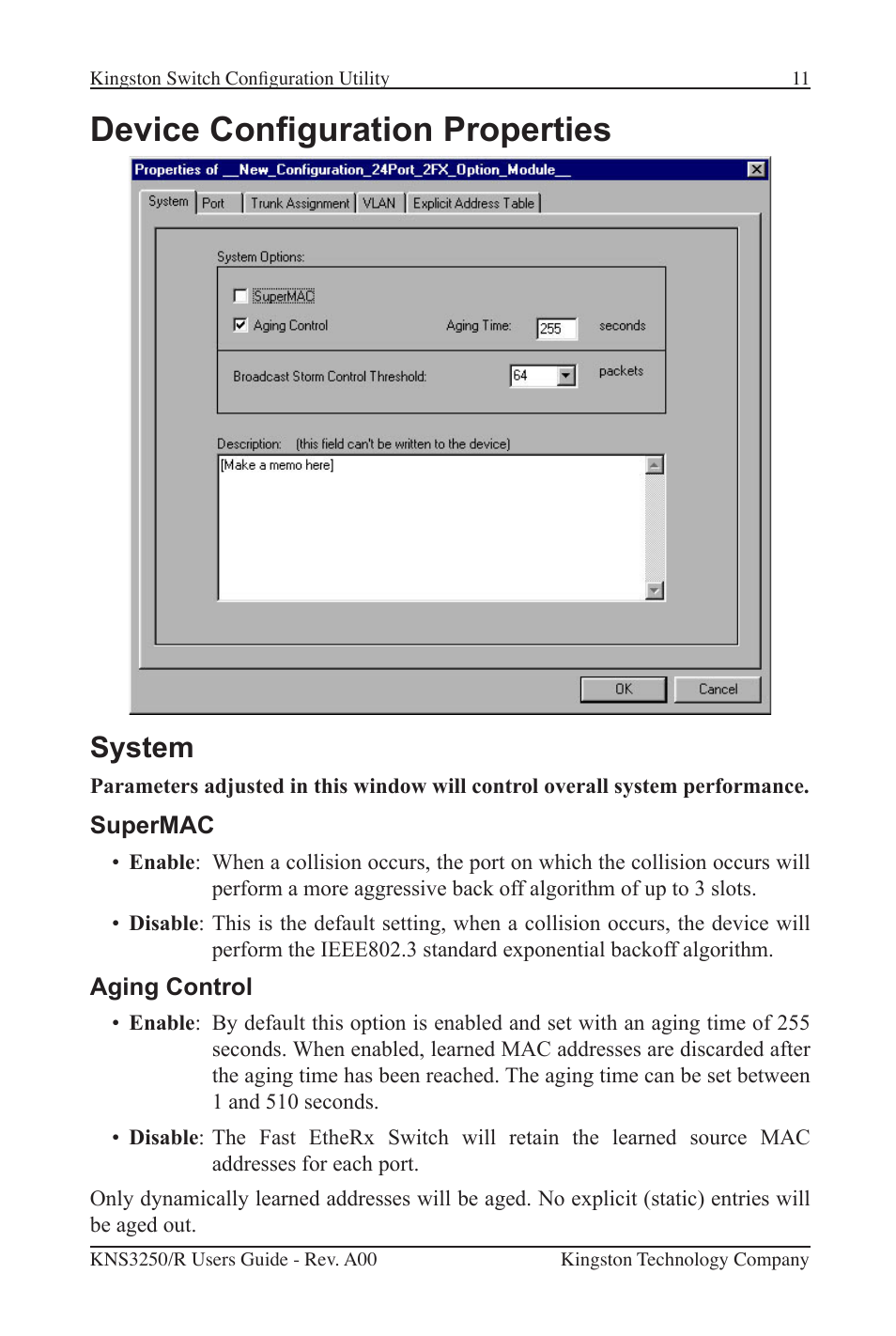 Device conguration properties, System | Kingston Technology Kingston Fast EtheRx KNS3250/R User Manual | Page 16 / 52