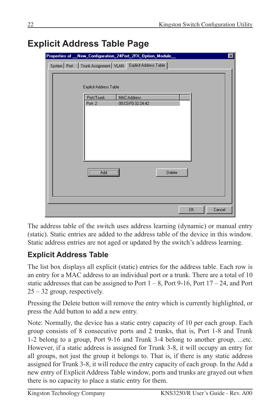 Explicit address table page | Kingston Technology Kingston Fast EtheRx KNS3250/R User Manual | Page 27 / 52