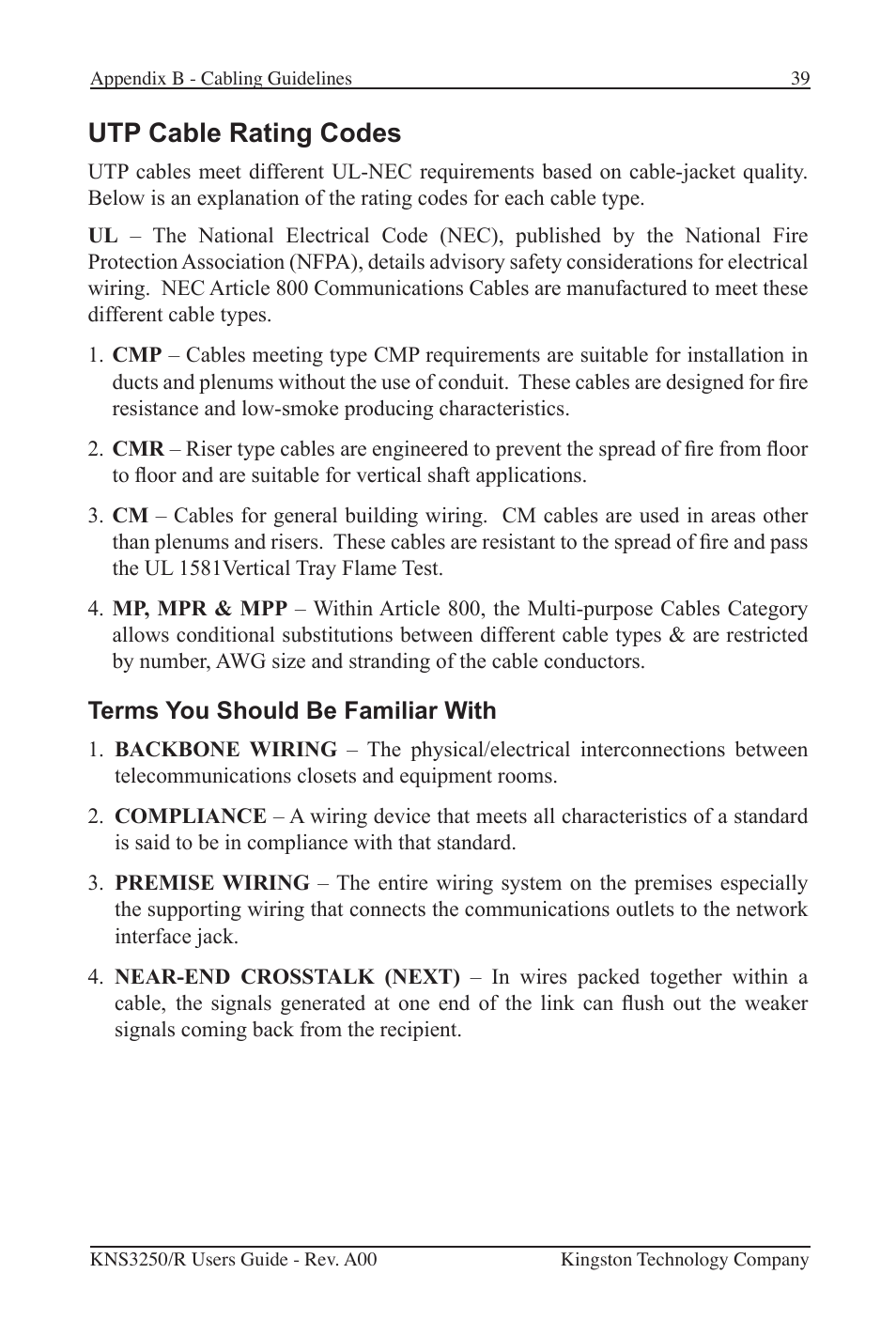 Utp cable rating codes | Kingston Technology Kingston Fast EtheRx KNS3250/R User Manual | Page 44 / 52