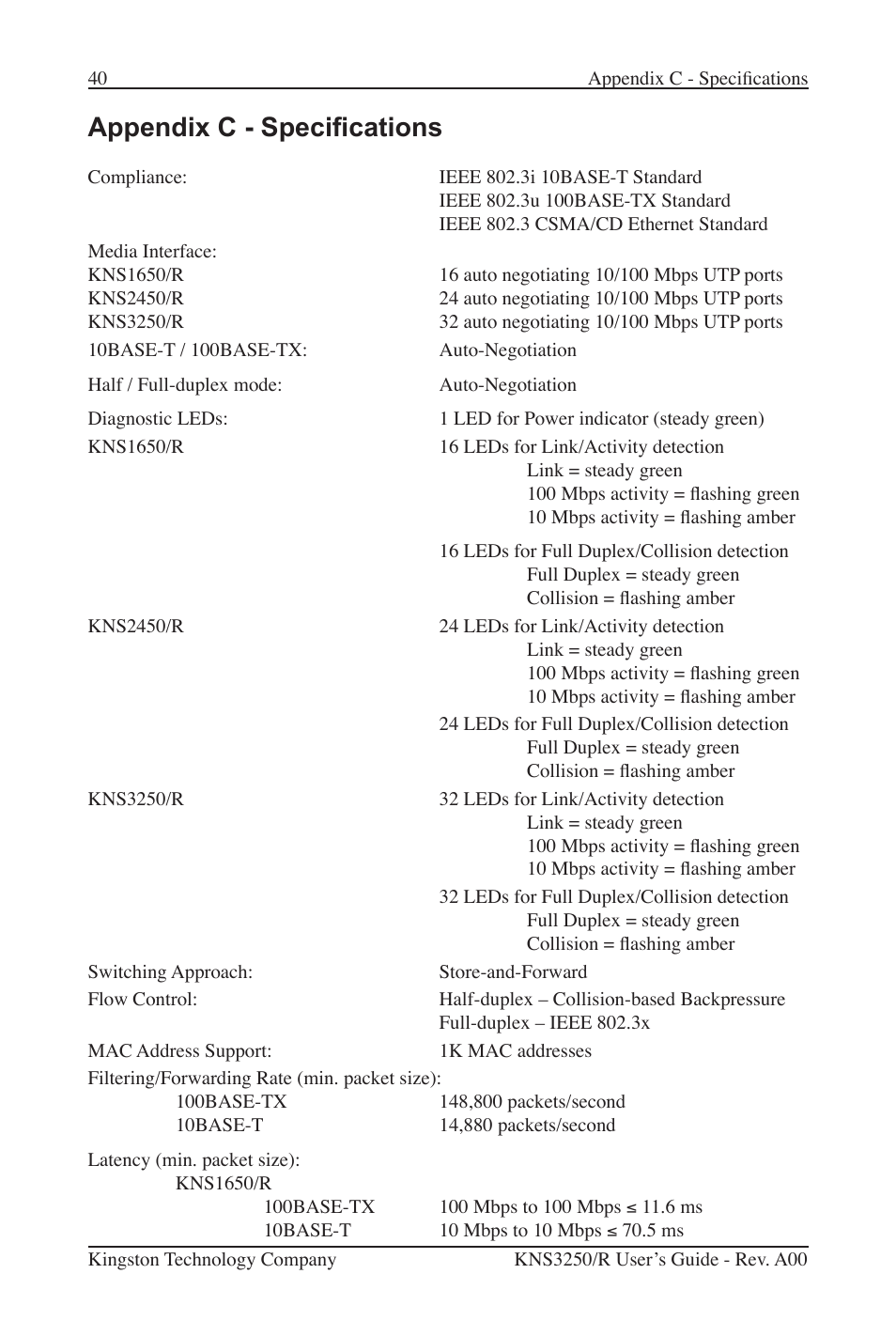 Appendix c - specications | Kingston Technology Kingston Fast EtheRx KNS3250/R User Manual | Page 45 / 52