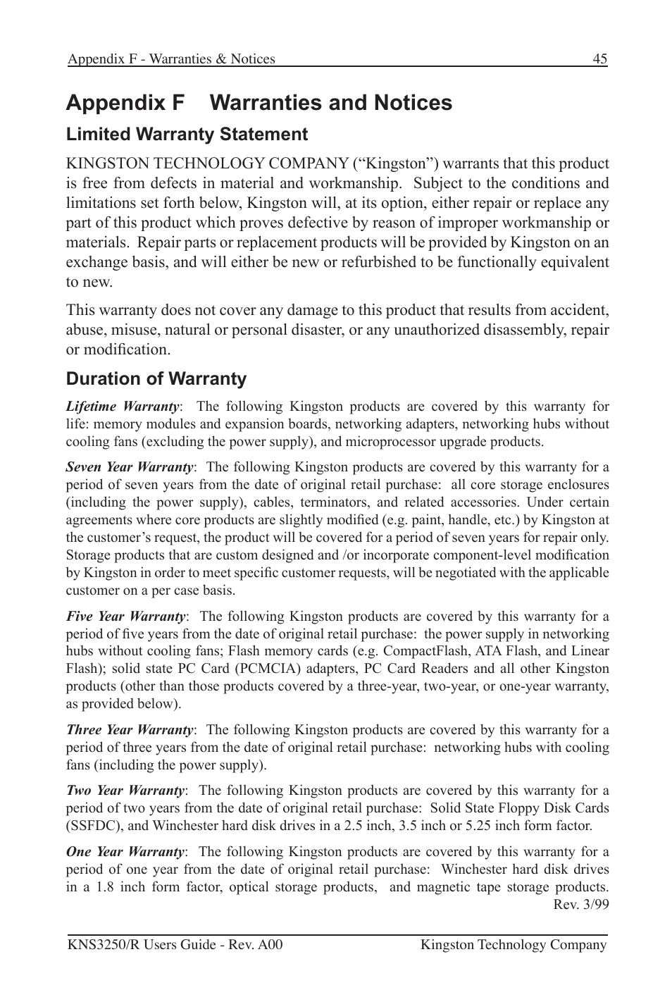 Appendix f warranties and notices, Limited warranty statement, Duration of warranty | Kingston Technology Kingston Fast EtheRx KNS3250/R User Manual | Page 50 / 52