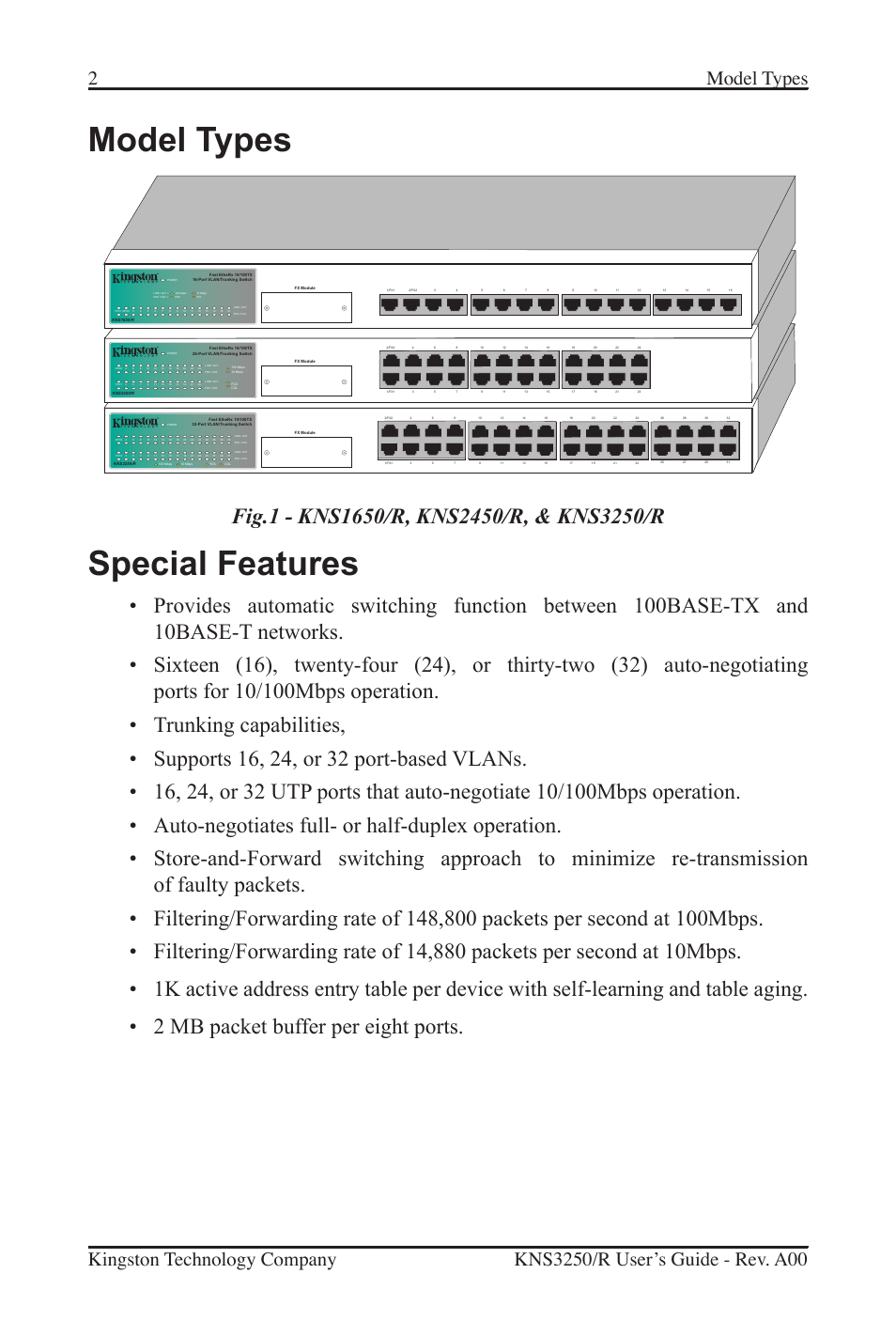 Model types, Special features | Kingston Technology Kingston Fast EtheRx KNS3250/R User Manual | Page 7 / 52