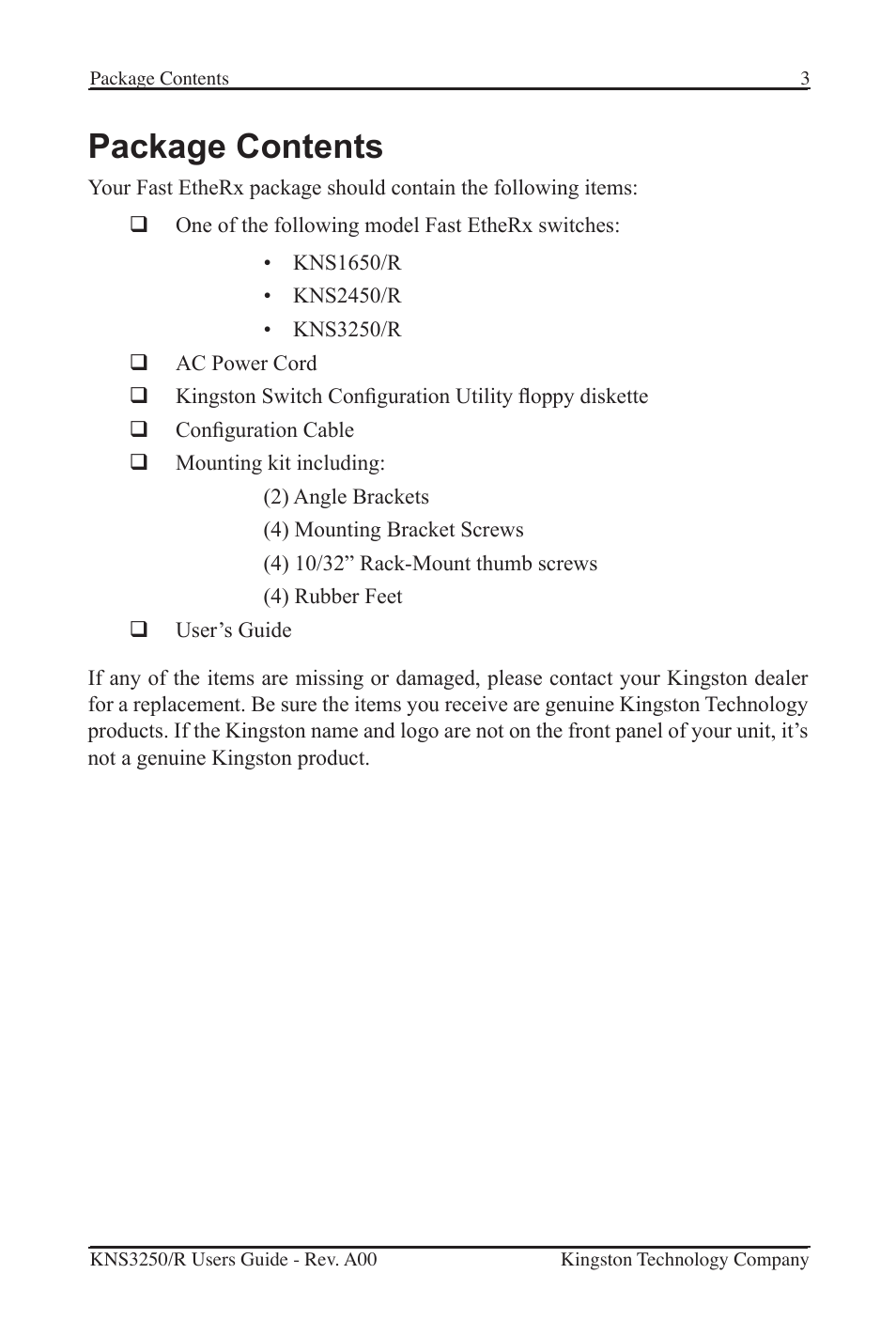 Package contents | Kingston Technology Kingston Fast EtheRx KNS3250/R User Manual | Page 8 / 52