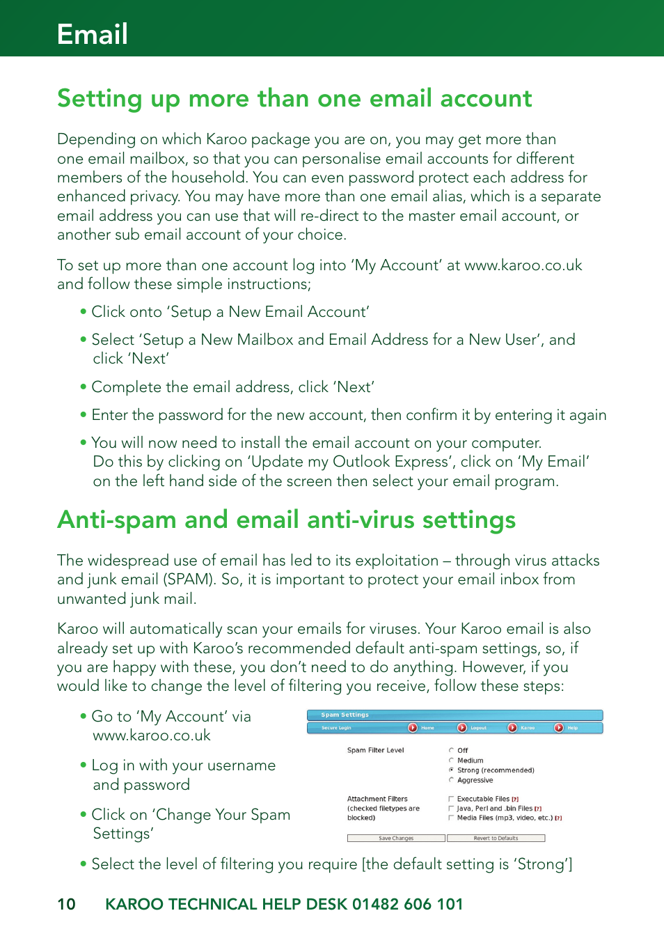 Email, Setting up more than one email account, Anti-spam and email anti-virus settings | Kingston Technology KAROO User Manual | Page 10 / 16