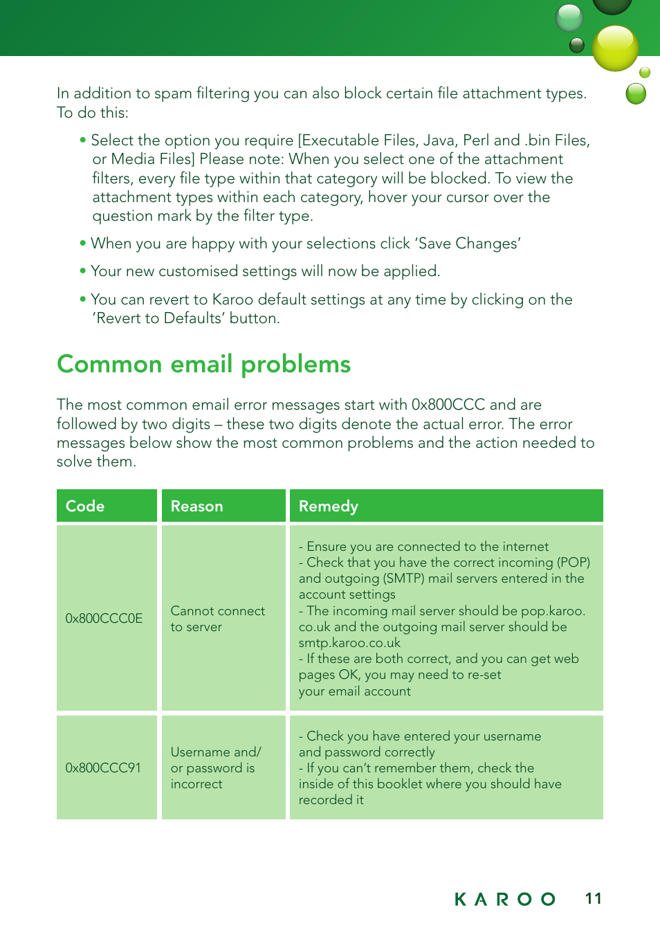 Common email problems | Kingston Technology KAROO User Manual | Page 11 / 16