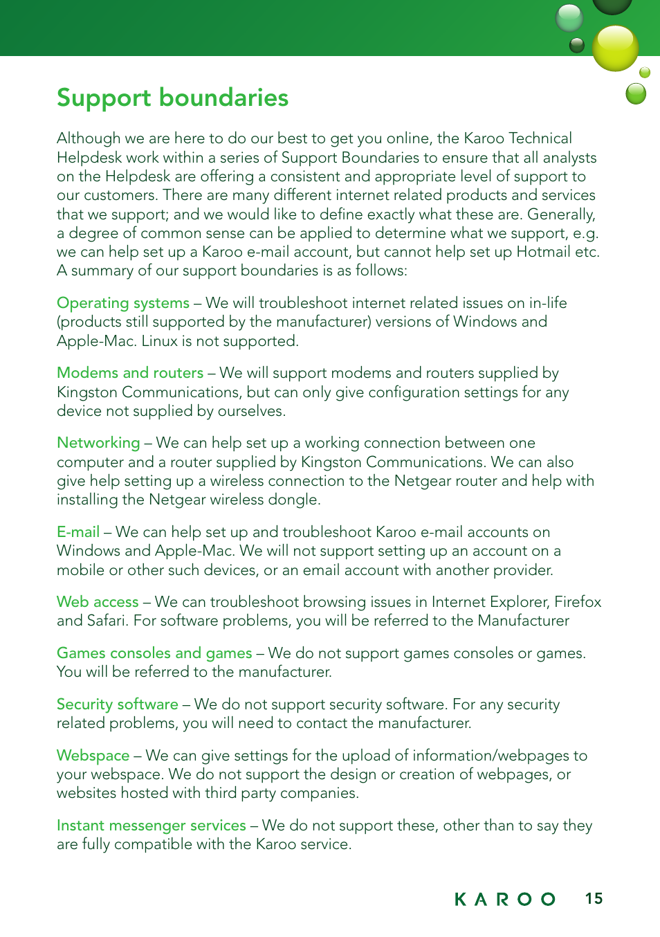 Support boundaries | Kingston Technology KAROO User Manual | Page 15 / 16