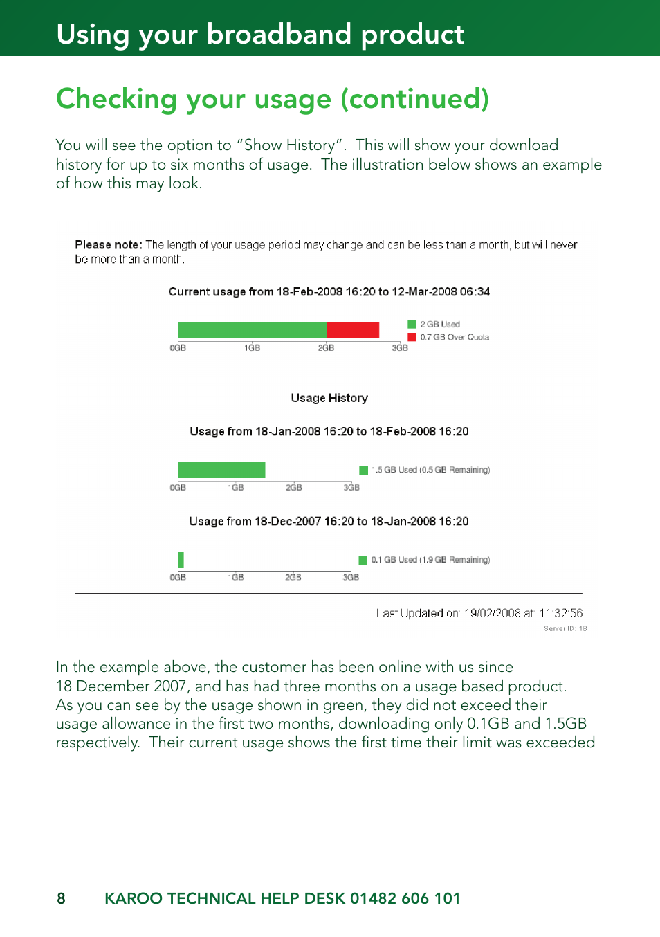 Using your broadband product, Checking your usage (continued) | Kingston Technology KAROO User Manual | Page 8 / 16