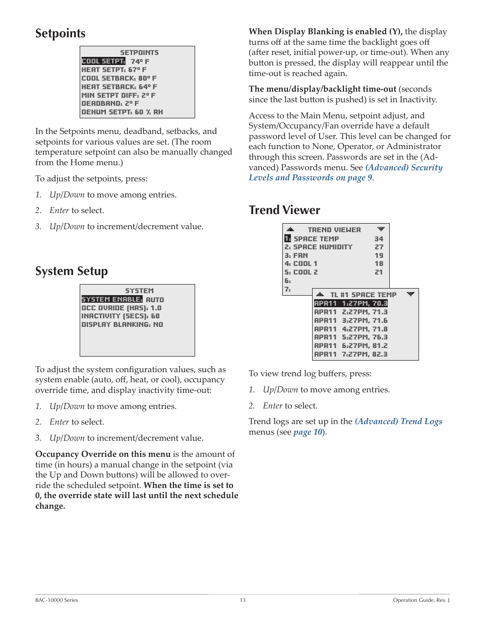 Setpoints, System setup, Trend viewer | Setpoints system setup trend viewer, Configurable in the system menu. see | KMC FLEXSTATTM BAC-10000 User Manual | Page 13 / 28