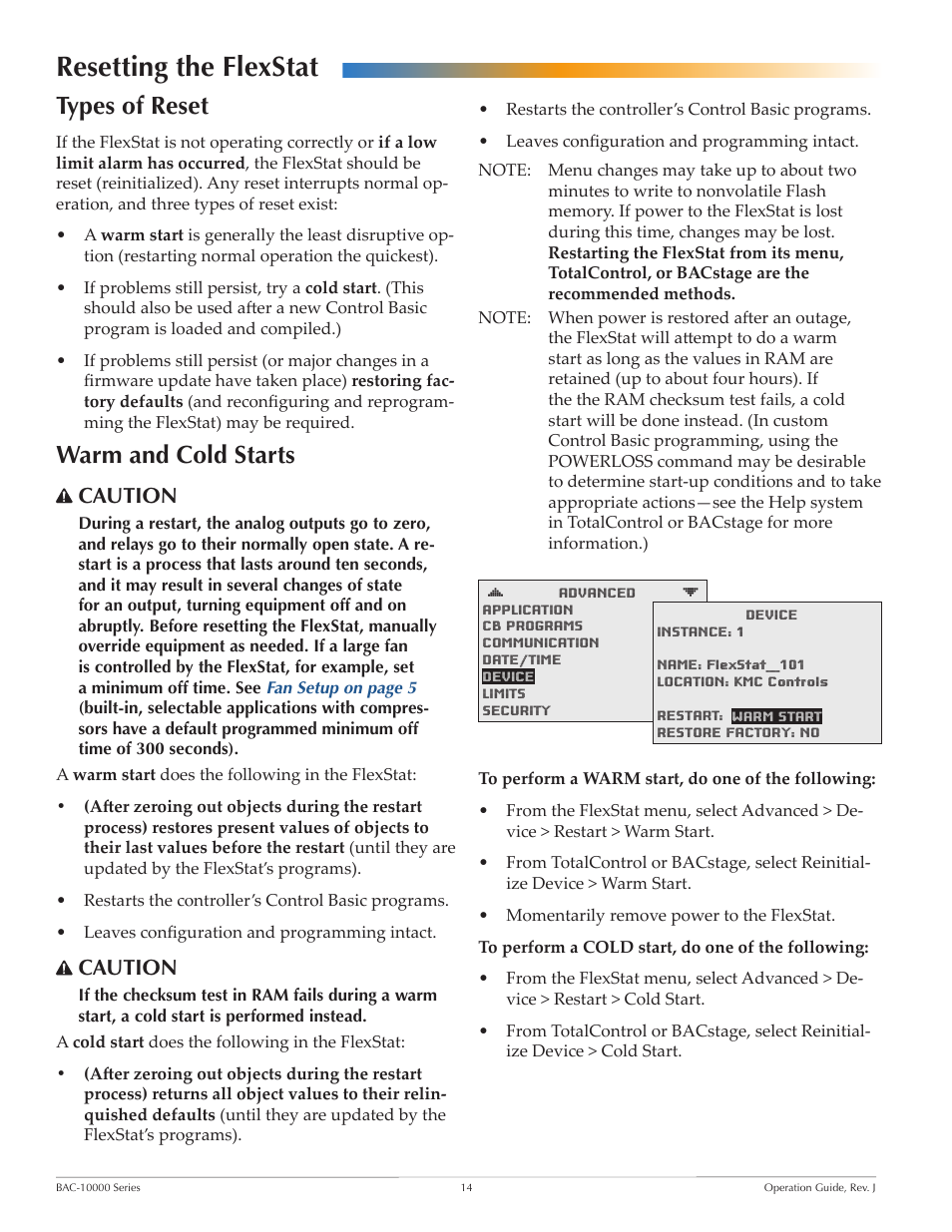 Resetting the flexstat, Types of reset, Warm and cold starts | Types of reset warm and cold starts, Resetting the, Caution | KMC FLEXSTATTM BAC-10000 User Manual | Page 14 / 28