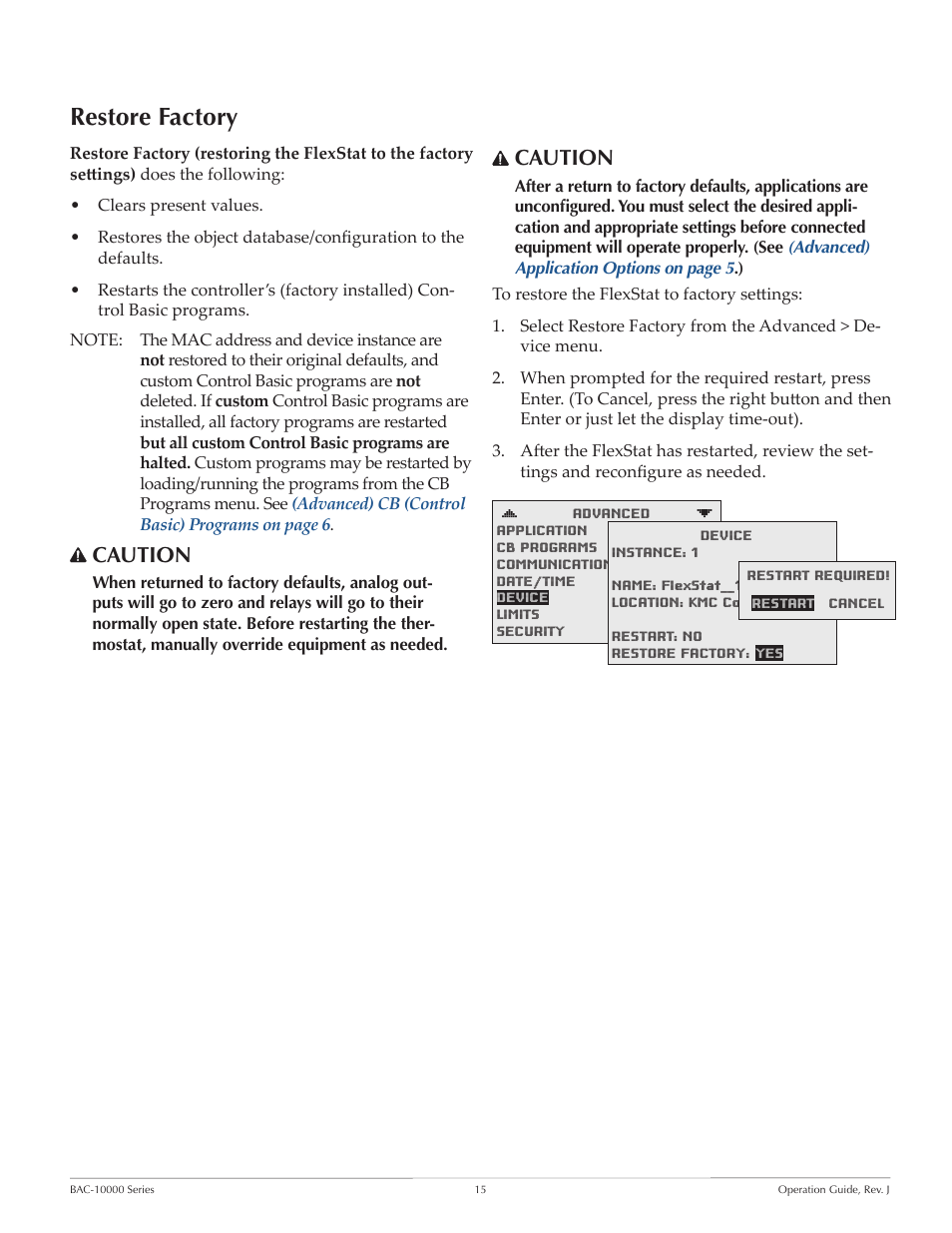Restore factory, Caution | KMC FLEXSTATTM BAC-10000 User Manual | Page 15 / 28
