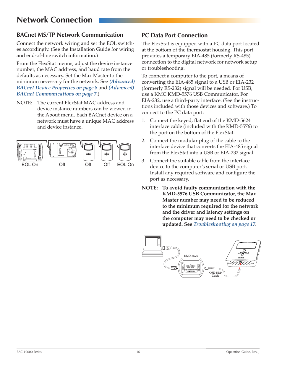 Network connection, Bacnet ms/tp network communication, Pc data port connection | KMC FLEXSTATTM BAC-10000 User Manual | Page 16 / 28